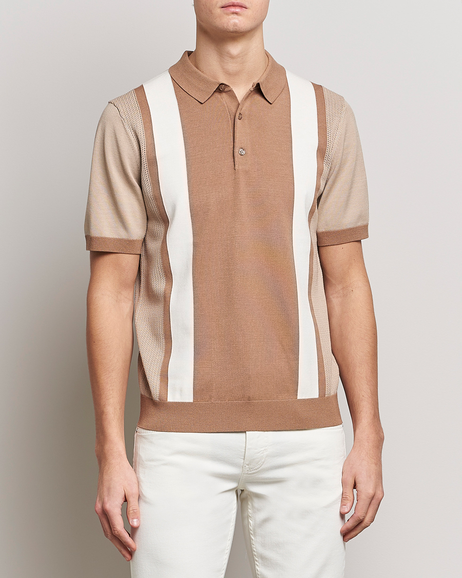 Men | Polo Shirts | J.Lindeberg | Rey Stripe Knitted Polo Tiger Brown