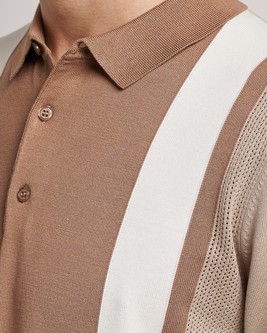 Men | Polo Shirts | J.Lindeberg | Rey Stripe Knitted Polo Tiger Brown