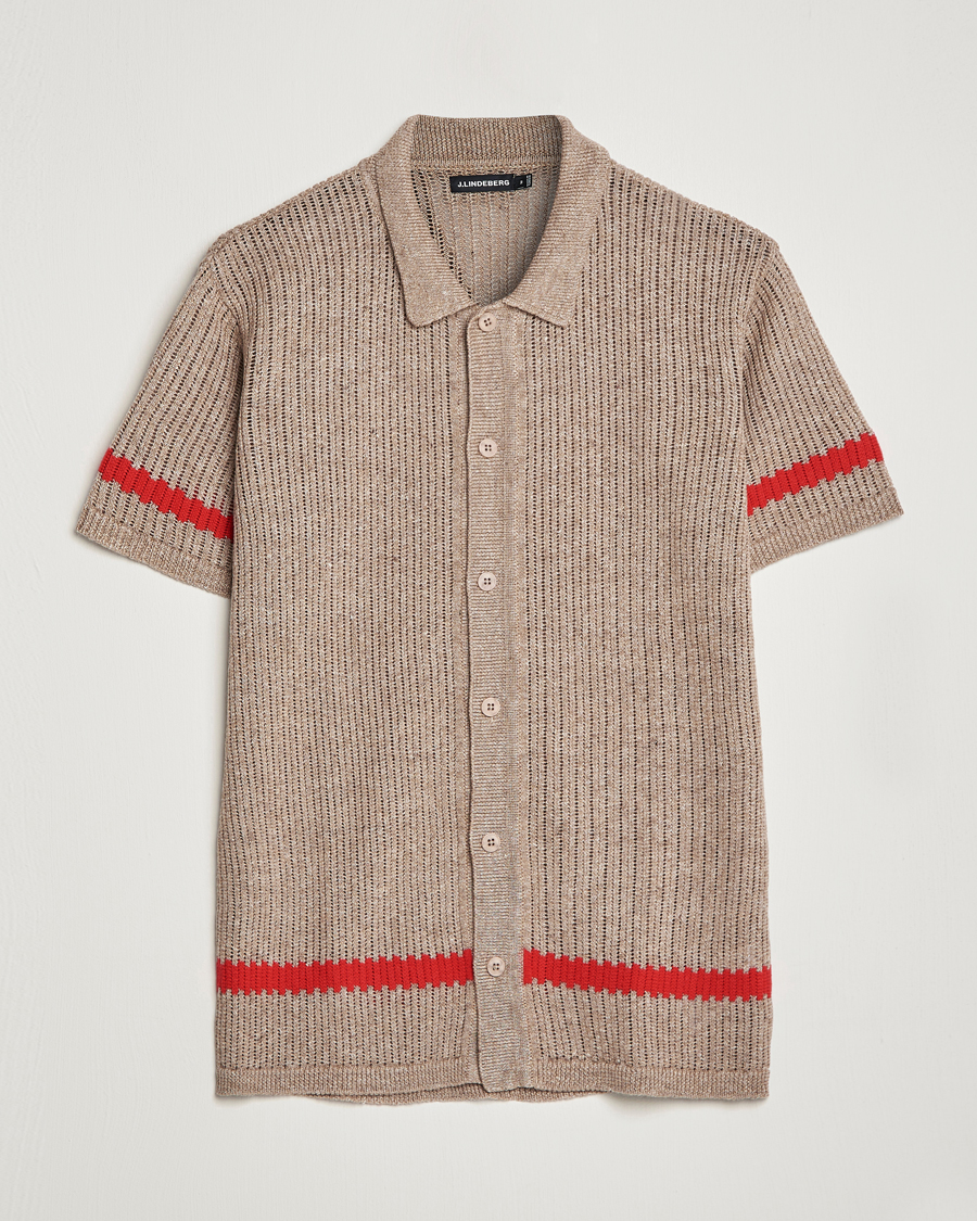 Men | Shirts | J.Lindeberg | Sky Knitted Linen/Merino Short Sleeve Shirt Beige