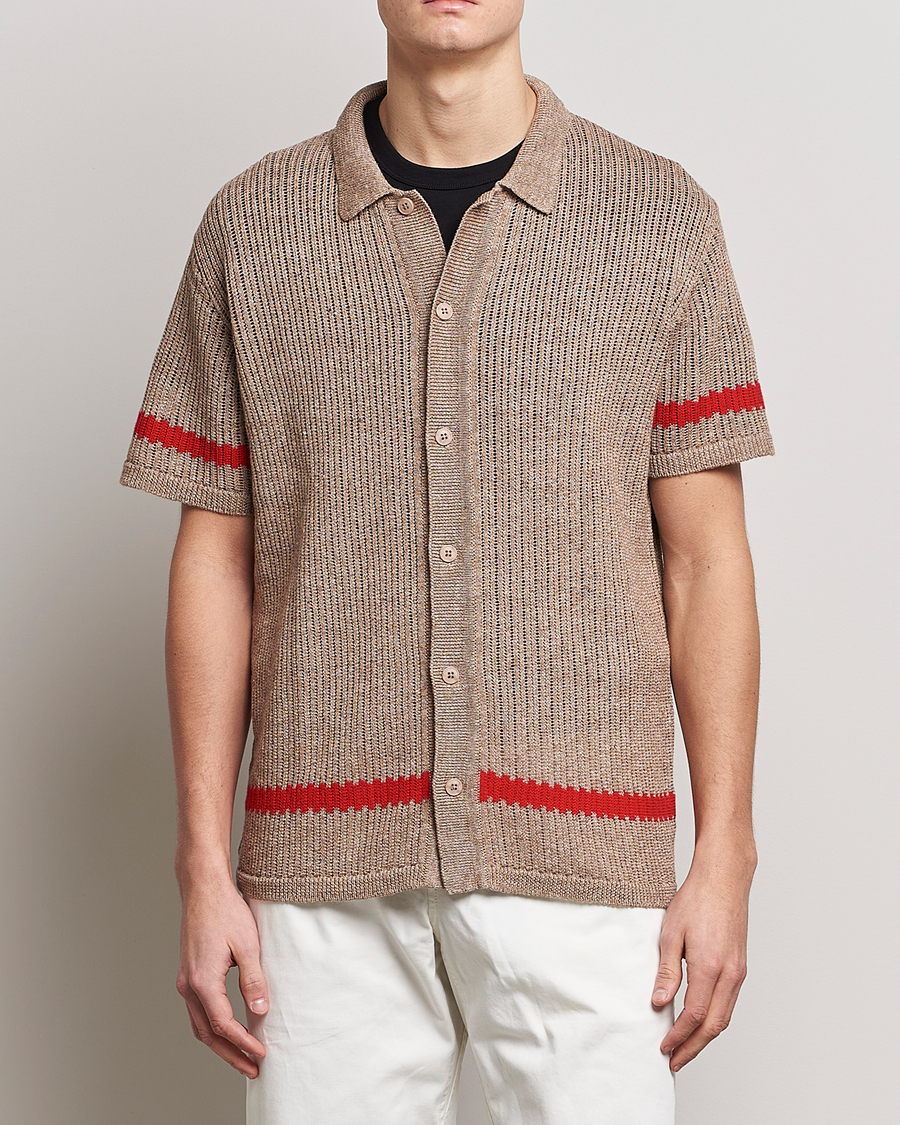 Men | Shirts | J.Lindeberg | Sky Knitted Linen/Merino Short Sleeve Shirt Beige