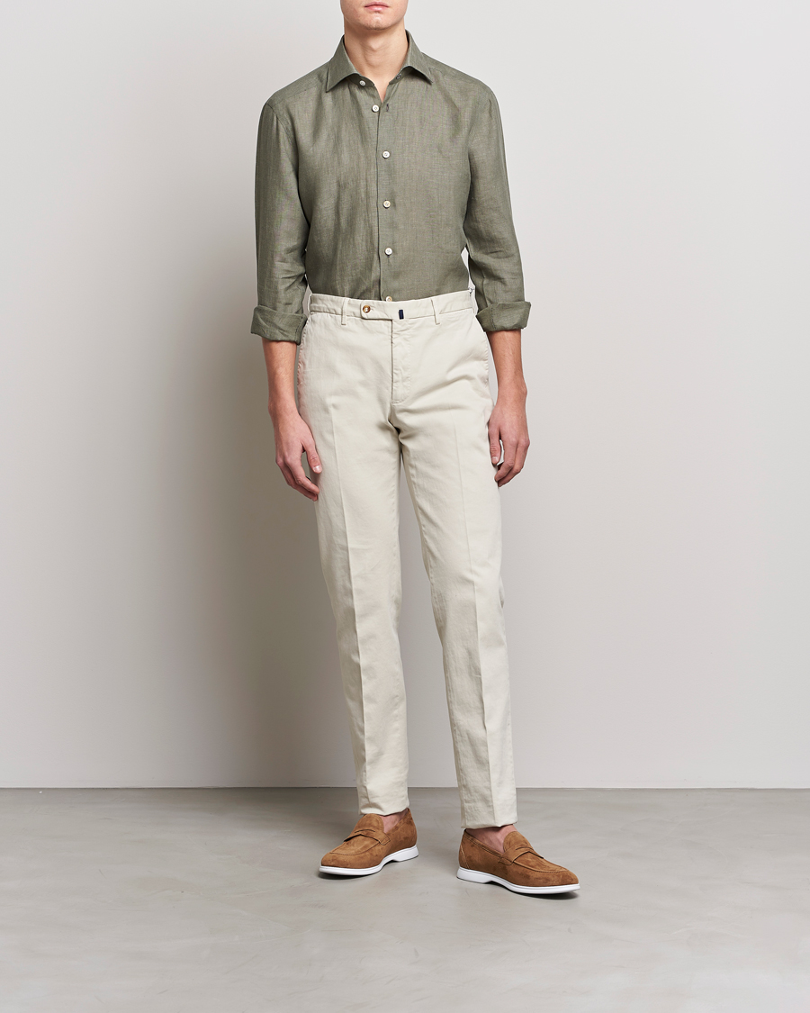 Men | Shirts | Kiton | Linen Sport Shirt Olive