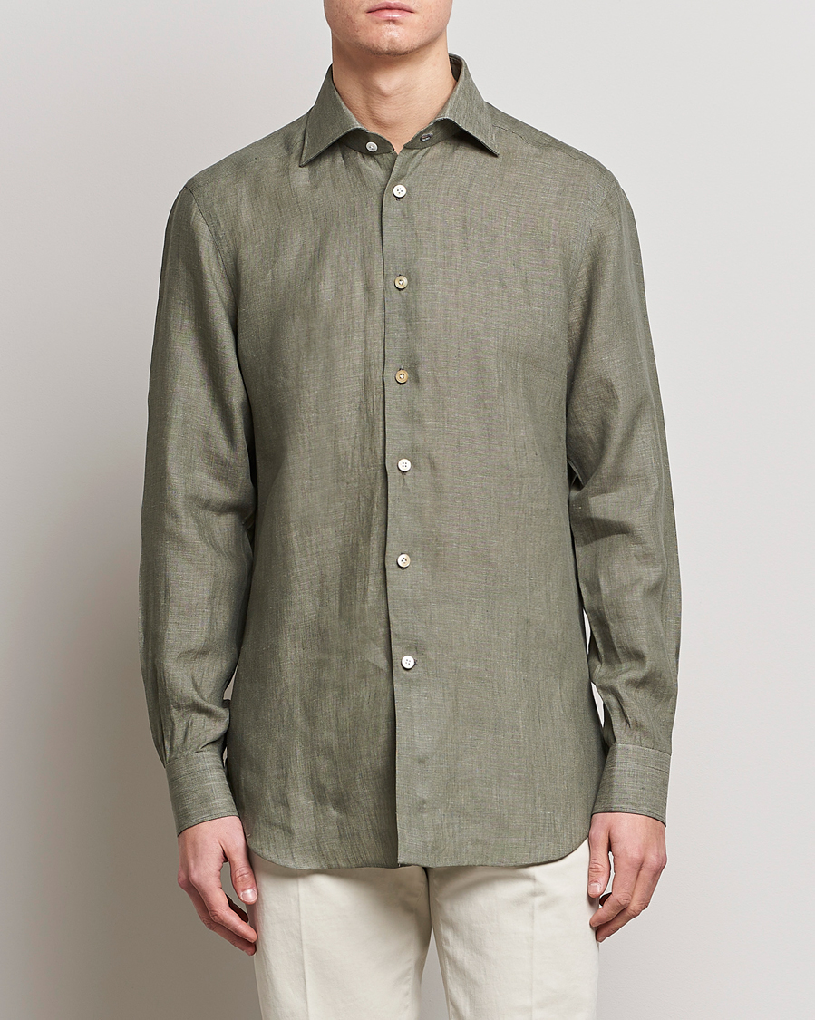 Men | Linen Shirts | Kiton | Linen Sport Shirt Olive
