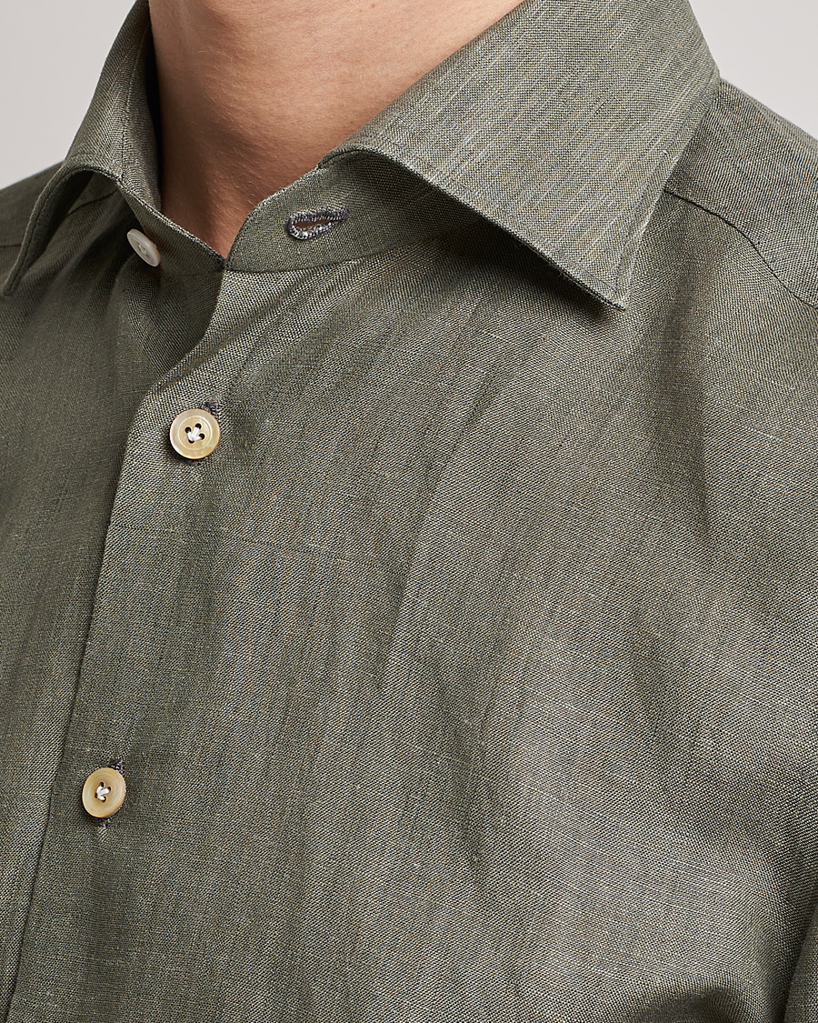 Men | Shirts | Kiton | Linen Sport Shirt Olive