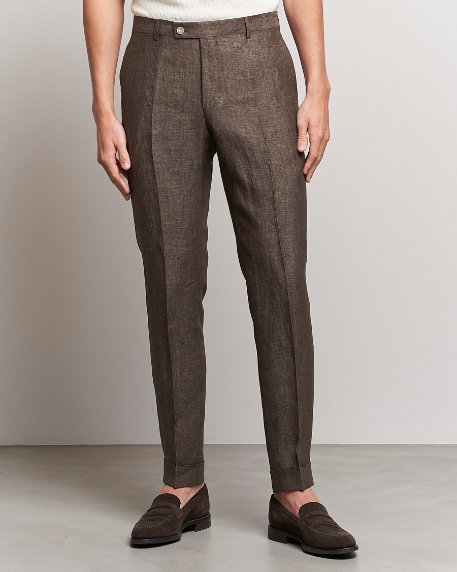 Men | Linen Trousers | Morris Heritage | Jack Linen Suit Trousers Brown