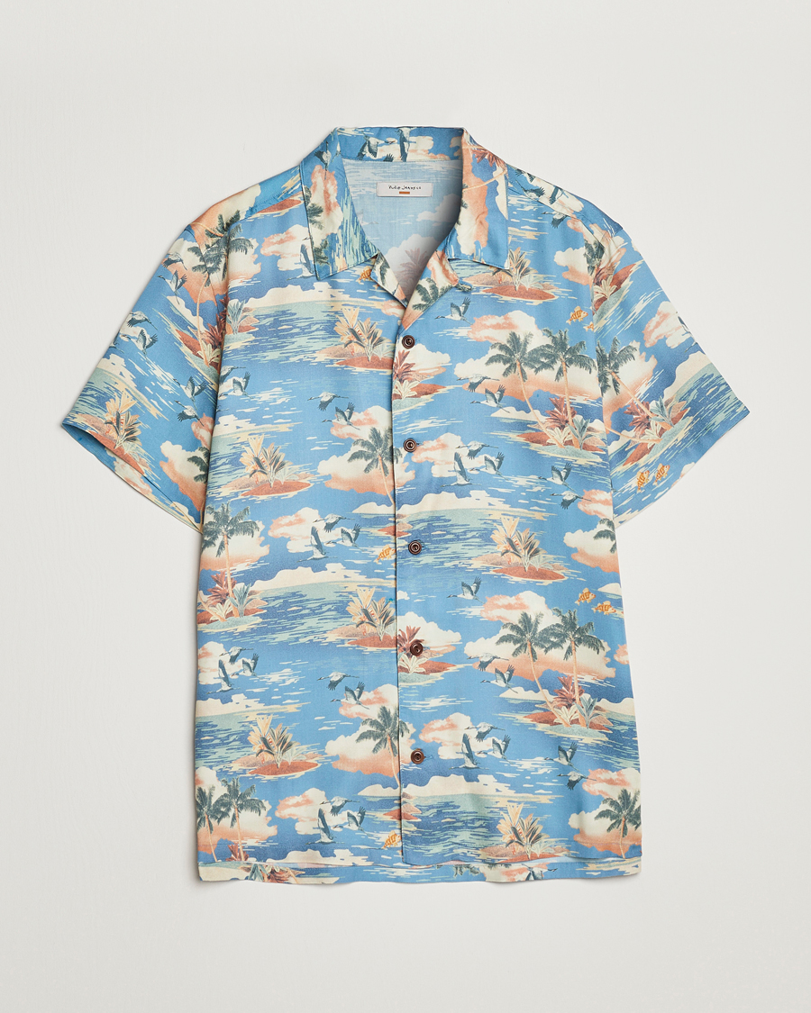 Men | Shirts | Nudie Jeans | Arvid Printed Short Sleeve Shirt Hawaii Azure