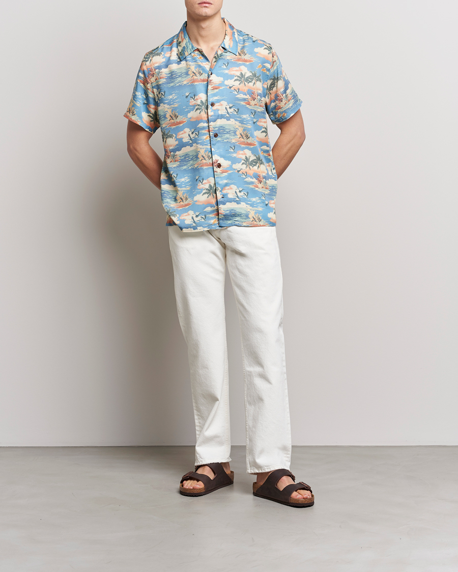Men | Shirts | Nudie Jeans | Arvid Printed Short Sleeve Shirt Hawaii Azure
