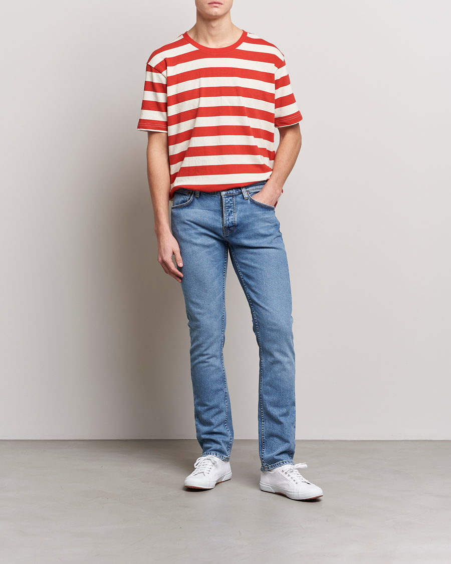 Men | T-Shirts | Nudie Jeans | Uno Blockstripe Crew Neck T-Shirt Off White/Red
