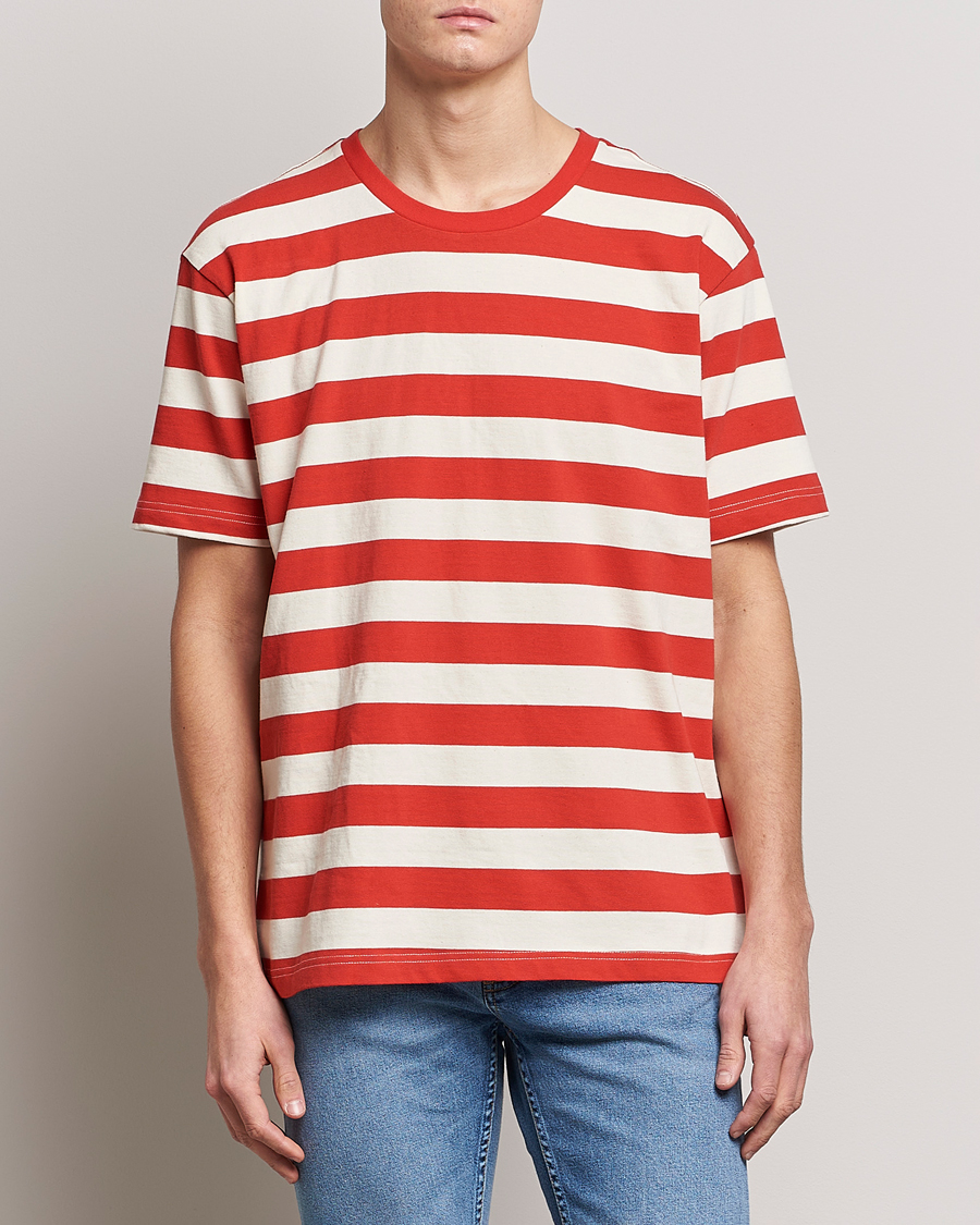 Men | T-Shirts | Nudie Jeans | Uno Blockstripe Crew Neck T-Shirt Off White/Red