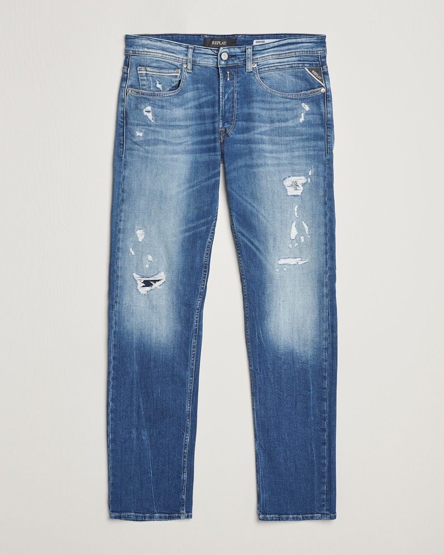 Men | Jeans | Replay | Grover Straight Fit Stretch Shredded Jeans Blue