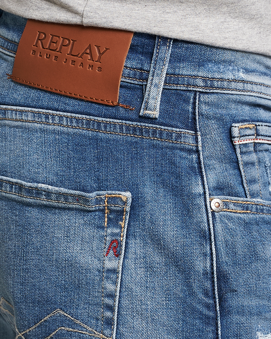 Men | Jeans | Replay | Grover Straight Fit Stretch Shredded Jeans Blue