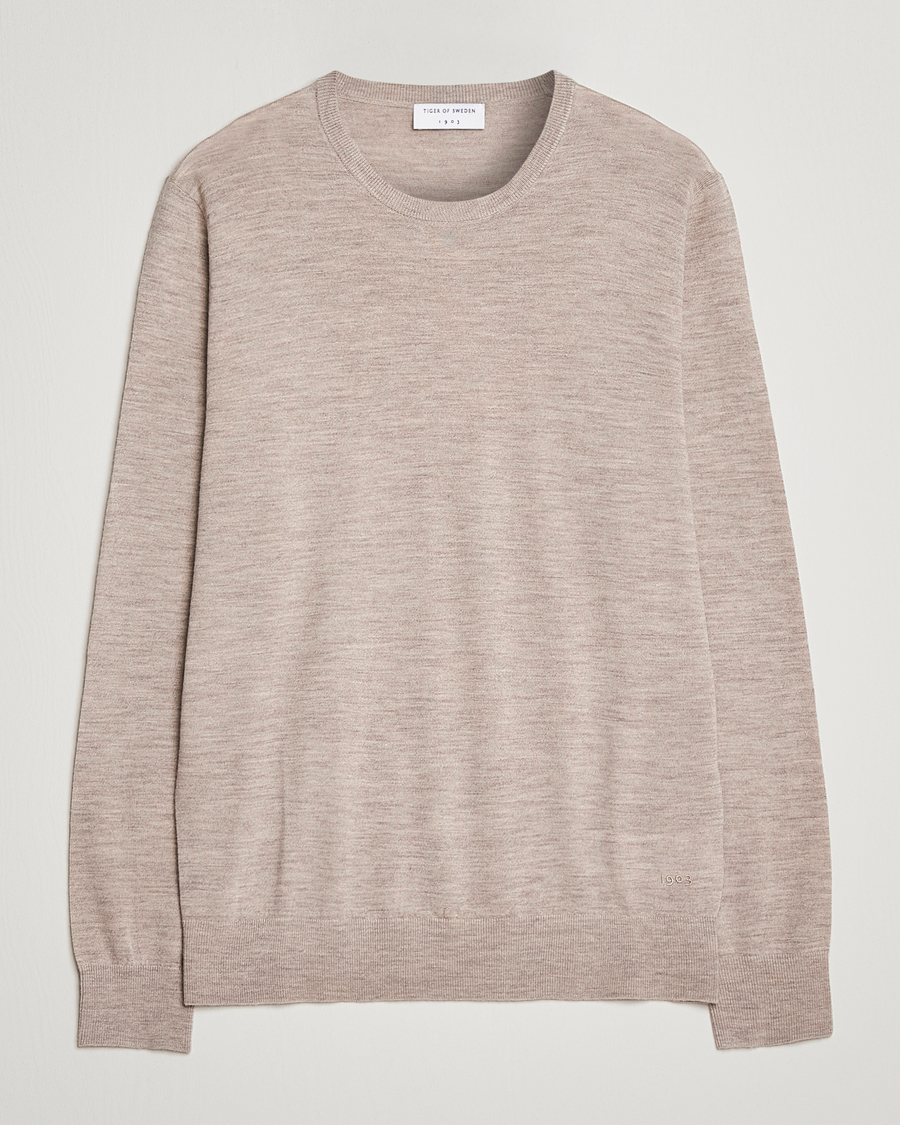 Men | Sweaters & Knitwear | Tiger of Sweden | Nichols Extra Fine Merino Crew Neck  Beige Melange