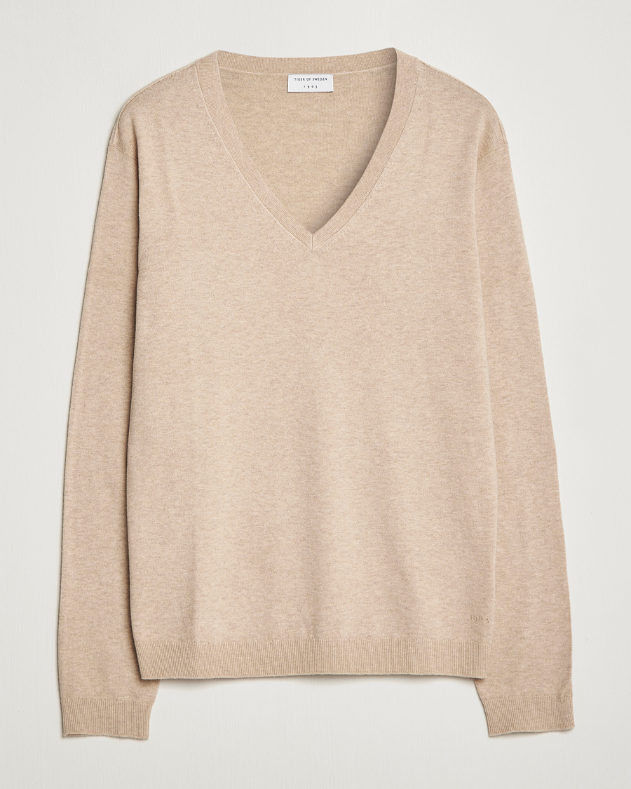 Men | Sweaters & Knitwear | Tiger of Sweden | Pernell Extra Fine Merino V-Neck Beige Melange