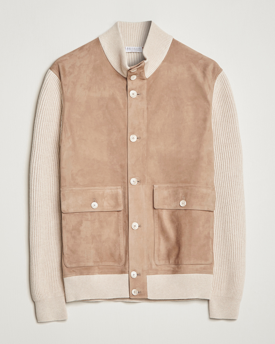 Men | Coats & Jackets | Brunello Cucinelli | Suede Knit Bomber Jacket Beige Suede