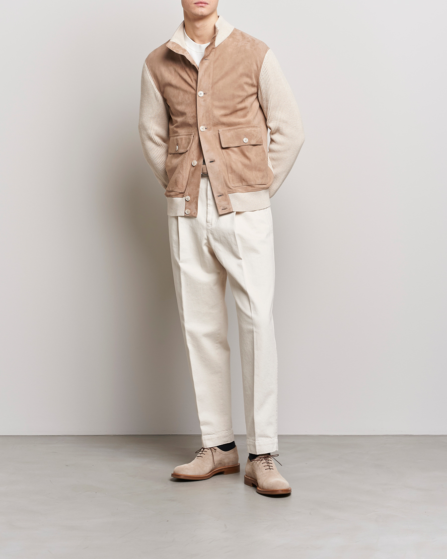 Men | Coats & Jackets | Brunello Cucinelli | Suede Knit Bomber Jacket Beige Suede
