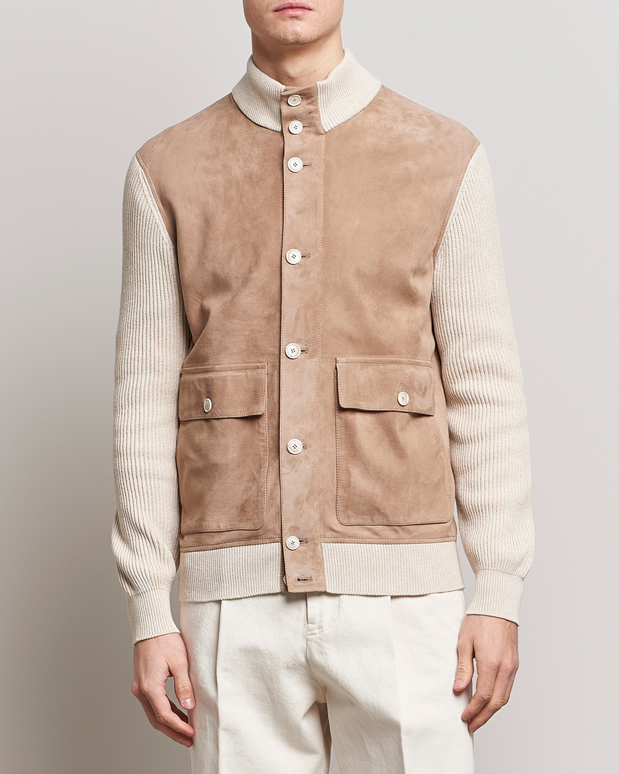 Men | Coats & Jackets | Brunello Cucinelli | Suede Knit Bomber Jacket Beige Suede