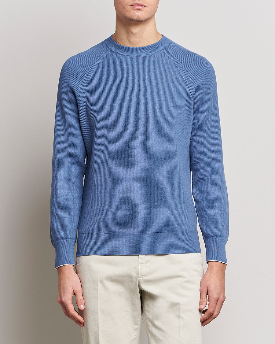 Men | Quiet Luxury | Brunello Cucinelli | Rib Stitch Crew Neck Sweater Oxford Blue