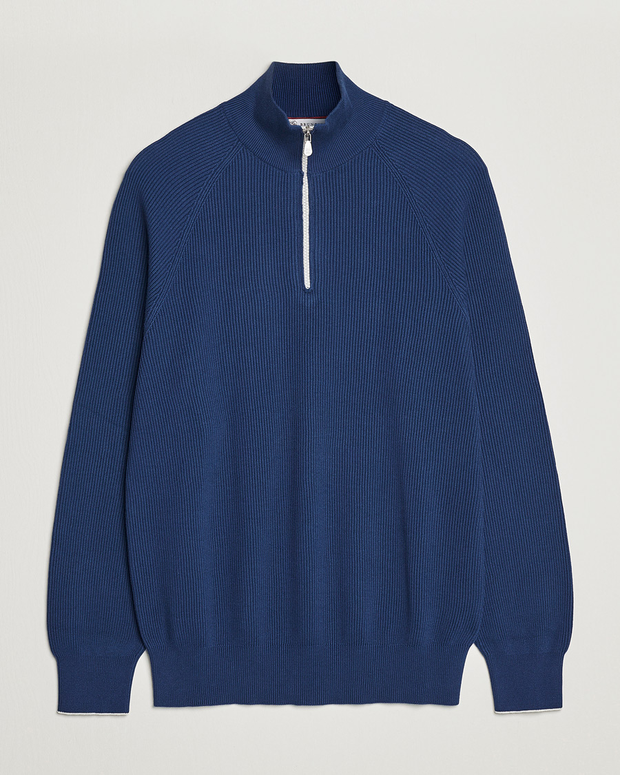 Men | Sweaters & Knitwear | Brunello Cucinelli | Rib Stitch Half Zip Ocean Blue