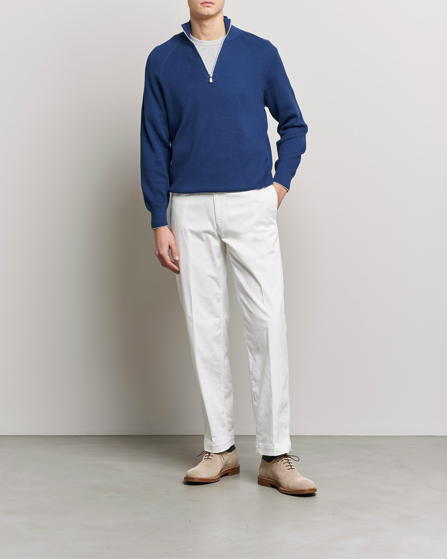 Men | Sweaters & Knitwear | Brunello Cucinelli | Rib Stitch Half Zip Ocean Blue