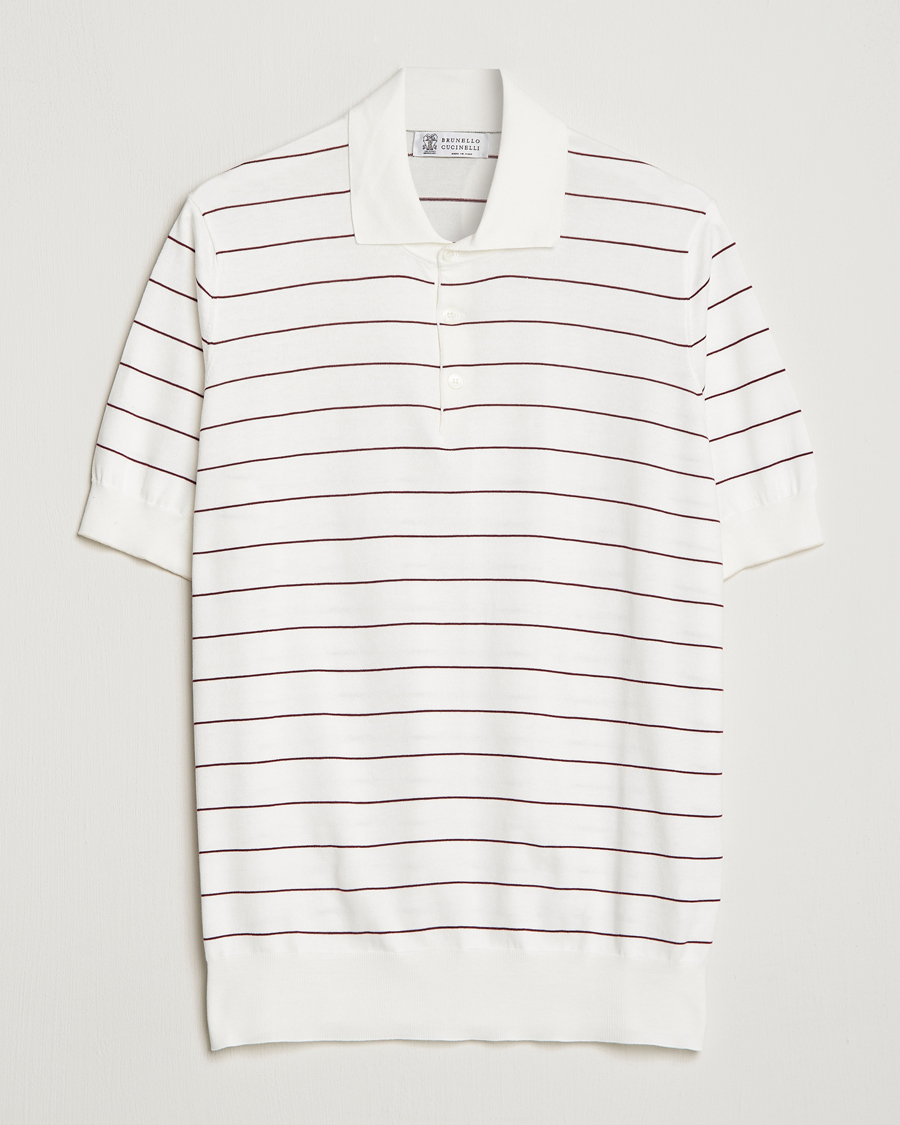 Men | Polo Shirts | Brunello Cucinelli | Short Sleeve Striped Knitted Polo White/Burgundy