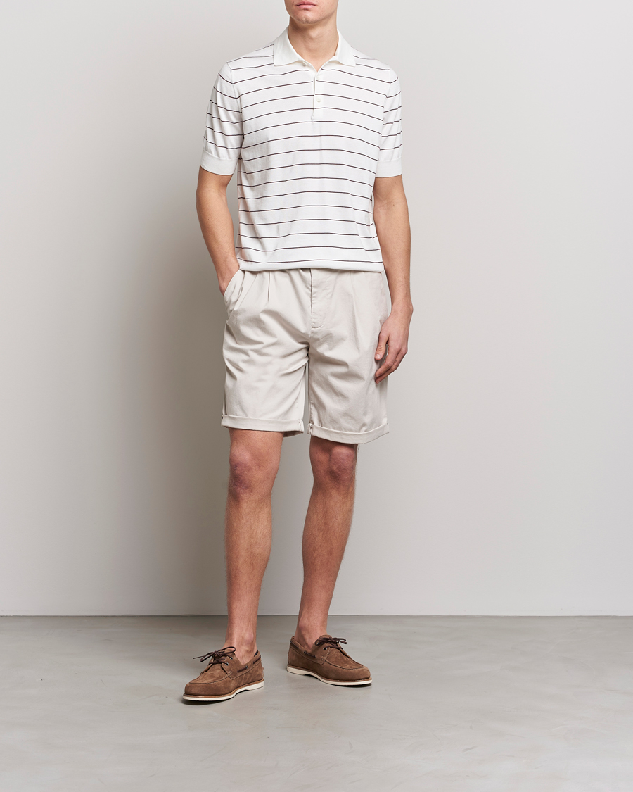 Men | Polo Shirts | Brunello Cucinelli | Short Sleeve Striped Knitted Polo White/Burgundy