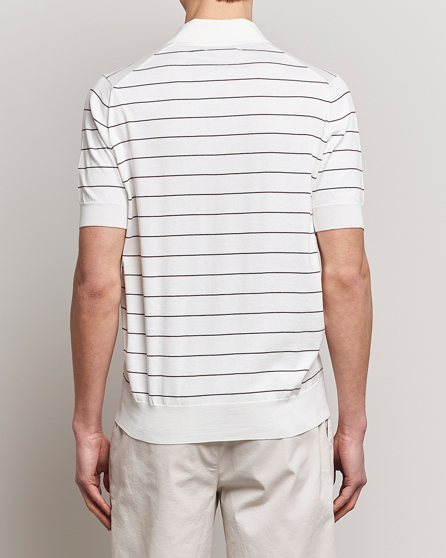 Men | Polo Shirts | Brunello Cucinelli | Short Sleeve Striped Knitted Polo White/Burgundy