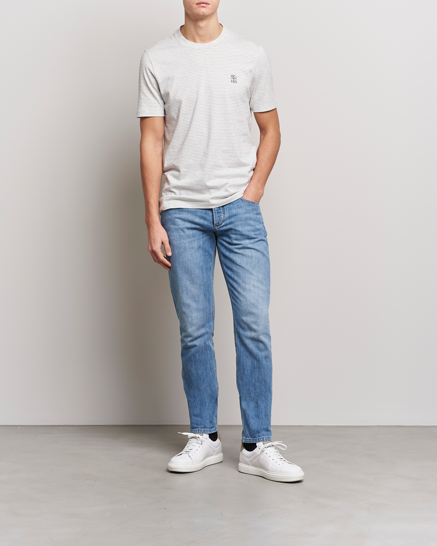 Men | T-Shirts | Brunello Cucinelli | Short Sleeve Striped T-Shirt Light Grey