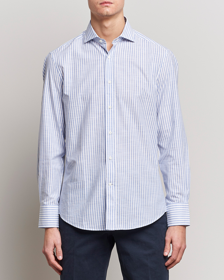 Men | Linen Shirts | Brunello Cucinelli | Slim Fit Linen Striped Shirt Light Blue
