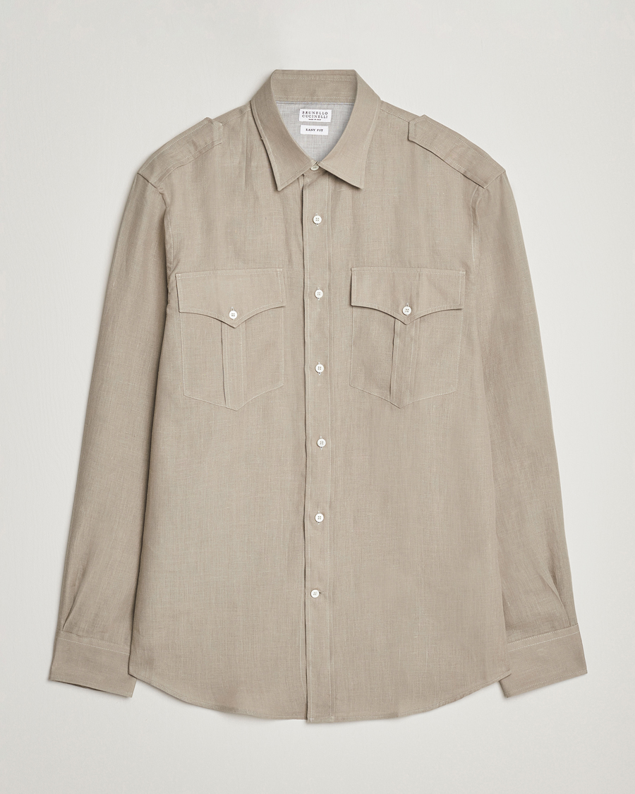 Men | Shirts | Brunello Cucinelli | Linen Canapa Safari Shirt Olive
