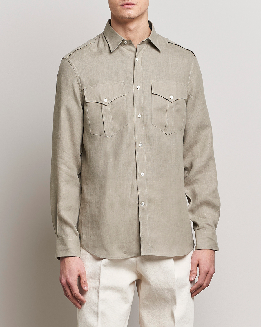 Men | Overshirts | Brunello Cucinelli | Linen Canapa Safari Shirt Olive
