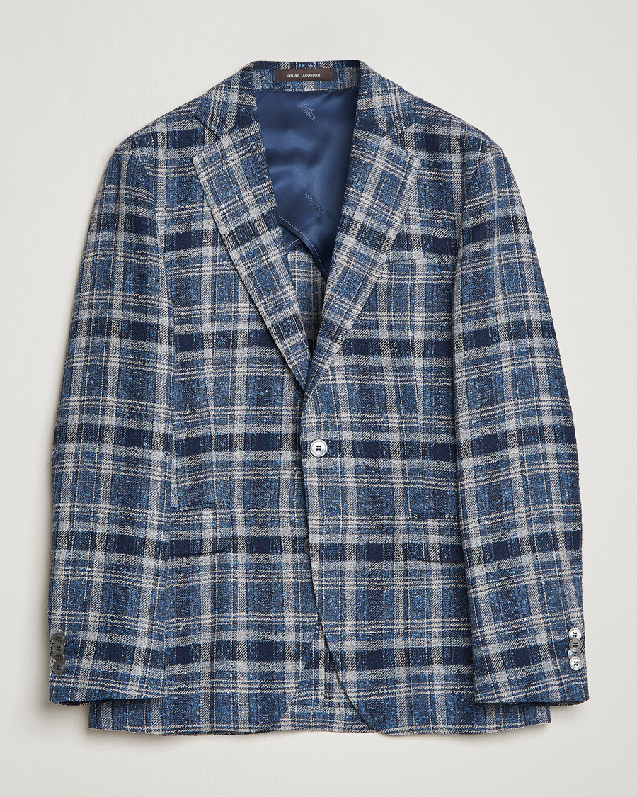 Men | Blazers | Oscar Jacobson | Ferry Soft Checked Linen Blazer Blue