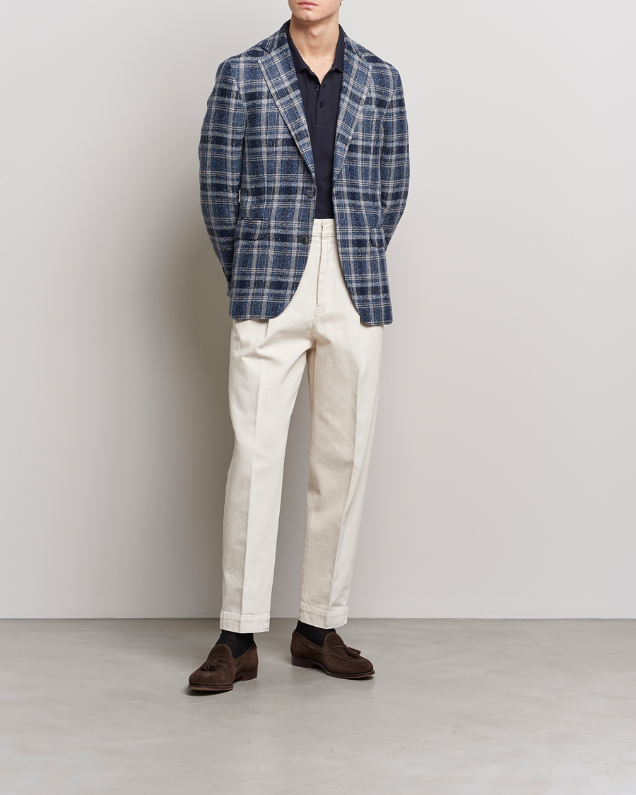 Men | Blazers | Oscar Jacobson | Ferry Soft Checked Linen Blazer Blue