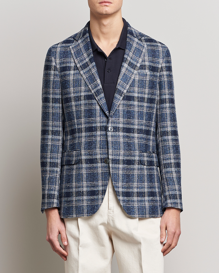 Men | Linen Blazers | Oscar Jacobson | Ferry Soft Checked Linen Blazer Blue