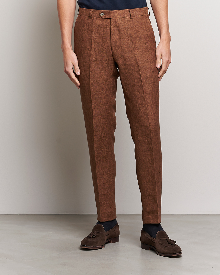 Men | Trousers | Oscar Jacobson | Denz Linen Trousers Brown