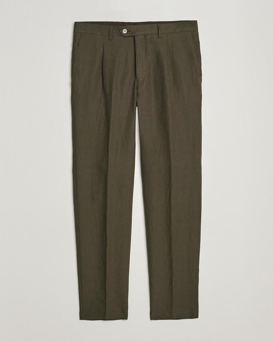 Men | Trousers | Oscar Jacobson | Delon Linen Trousers Dark Green