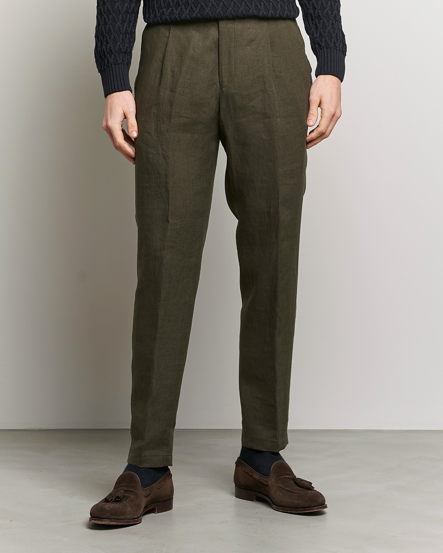 Men |  | Oscar Jacobson | Delon Linen Trousers Dark Green