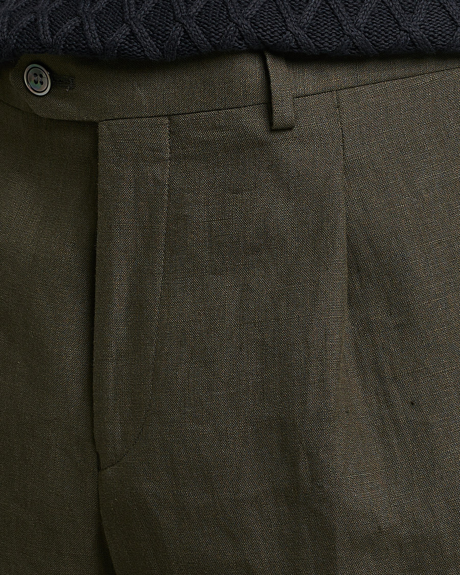 Men | Trousers | Oscar Jacobson | Delon Linen Trousers Dark Green