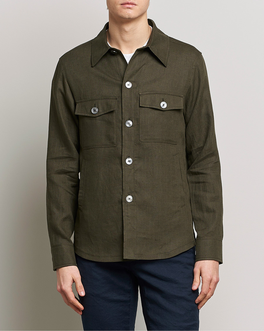 Men | Shirts | Oscar Jacobson | Maverick Linen Shirt Jacket Olive