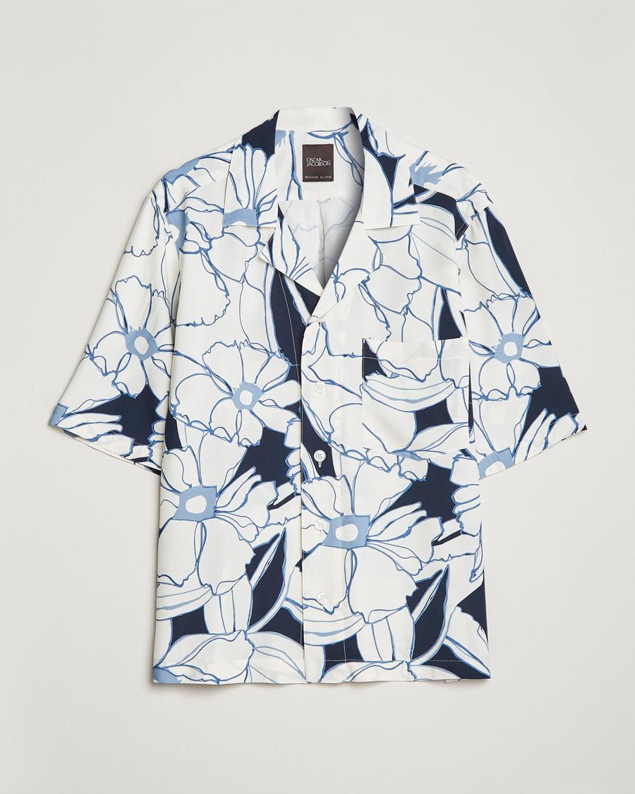 Men | Shirts | Oscar Jacobson | Cuban Short Sleeve Flower Print Shirt White