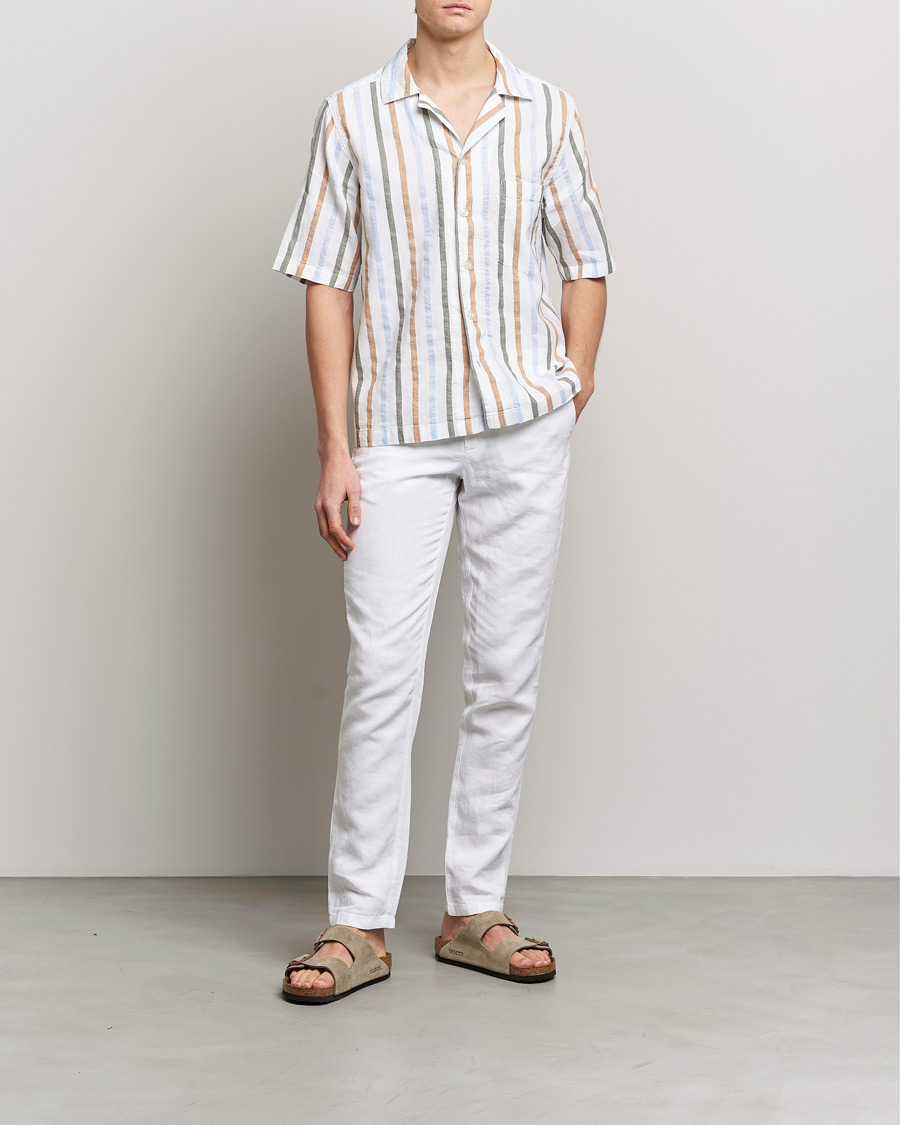 Men | Shirts | Oscar Jacobson | Cuban Short Sleeve Multi Stripe Shirt White
