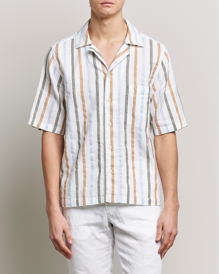 Men | Shirts | Oscar Jacobson | Cuban Short Sleeve Multi Stripe Shirt White