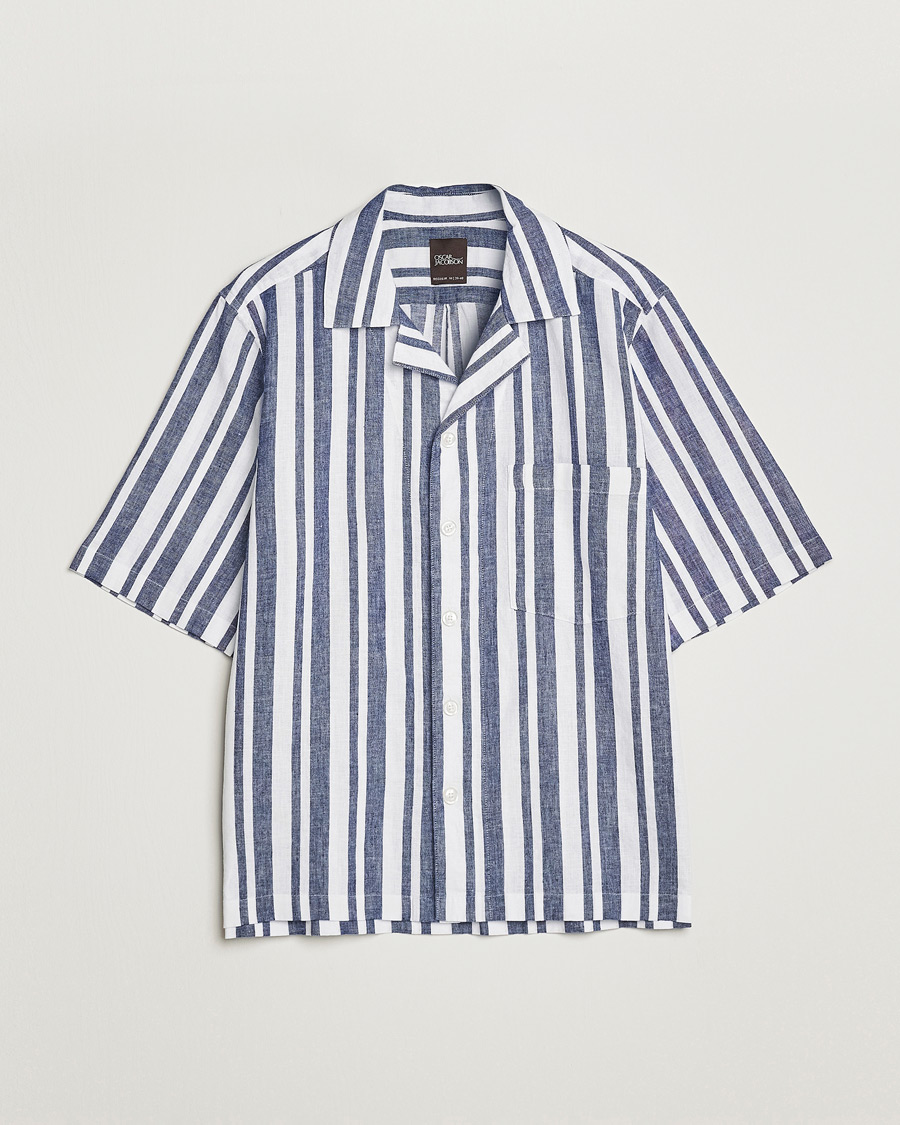 Men | Shirts | Oscar Jacobson | Cuban Short Sleeve Riviera Stripe Shirt White