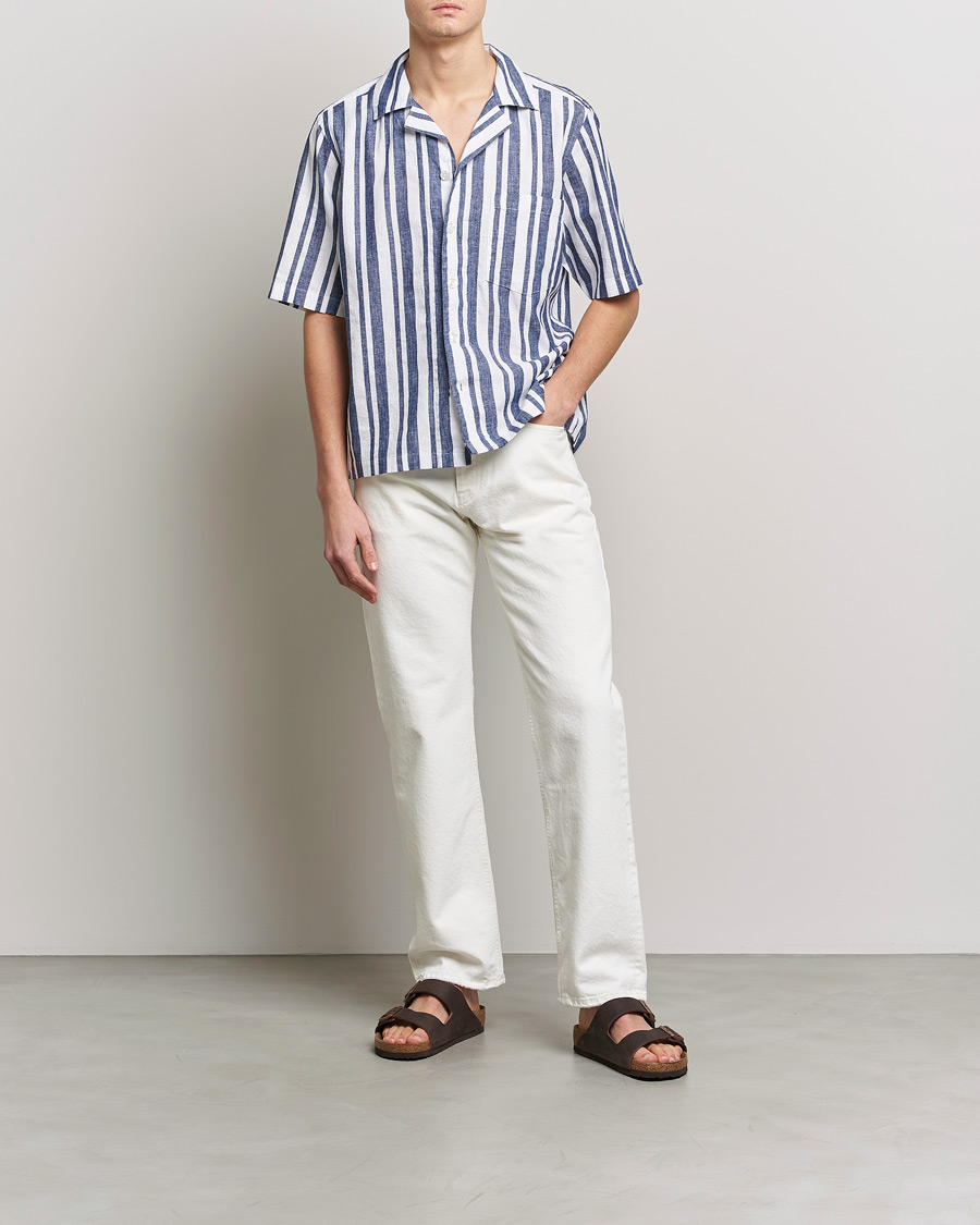 Men | Shirts | Oscar Jacobson | Cuban Short Sleeve Riviera Stripe Shirt White