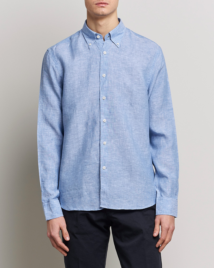 Herr | Linneskjortor | Oscar Jacobson | Regular Fit Button Down Linen Shirt Blue