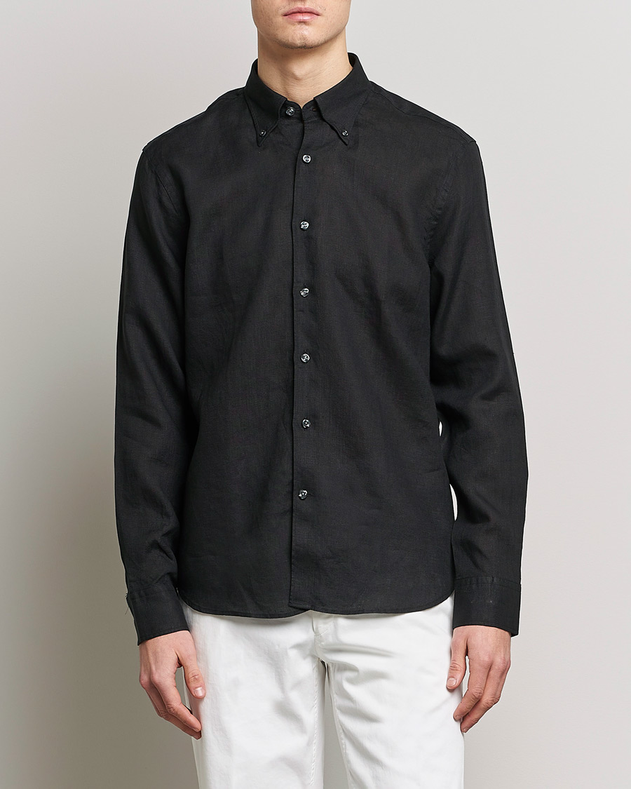 Men |  | Oscar Jacobson | Regular Fit Button Down Linen Shirt Black