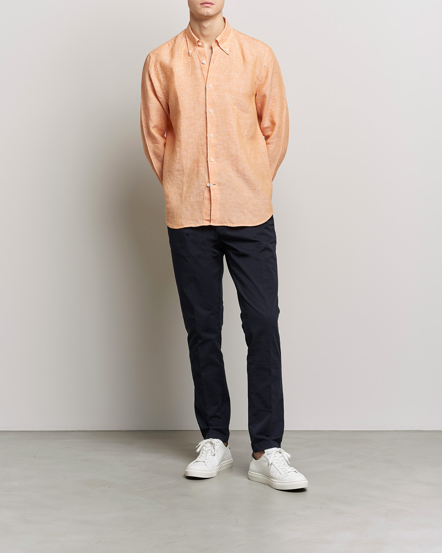 Men | Shirts | Oscar Jacobson | Regular Fit Button Down Linen Shirt Orange