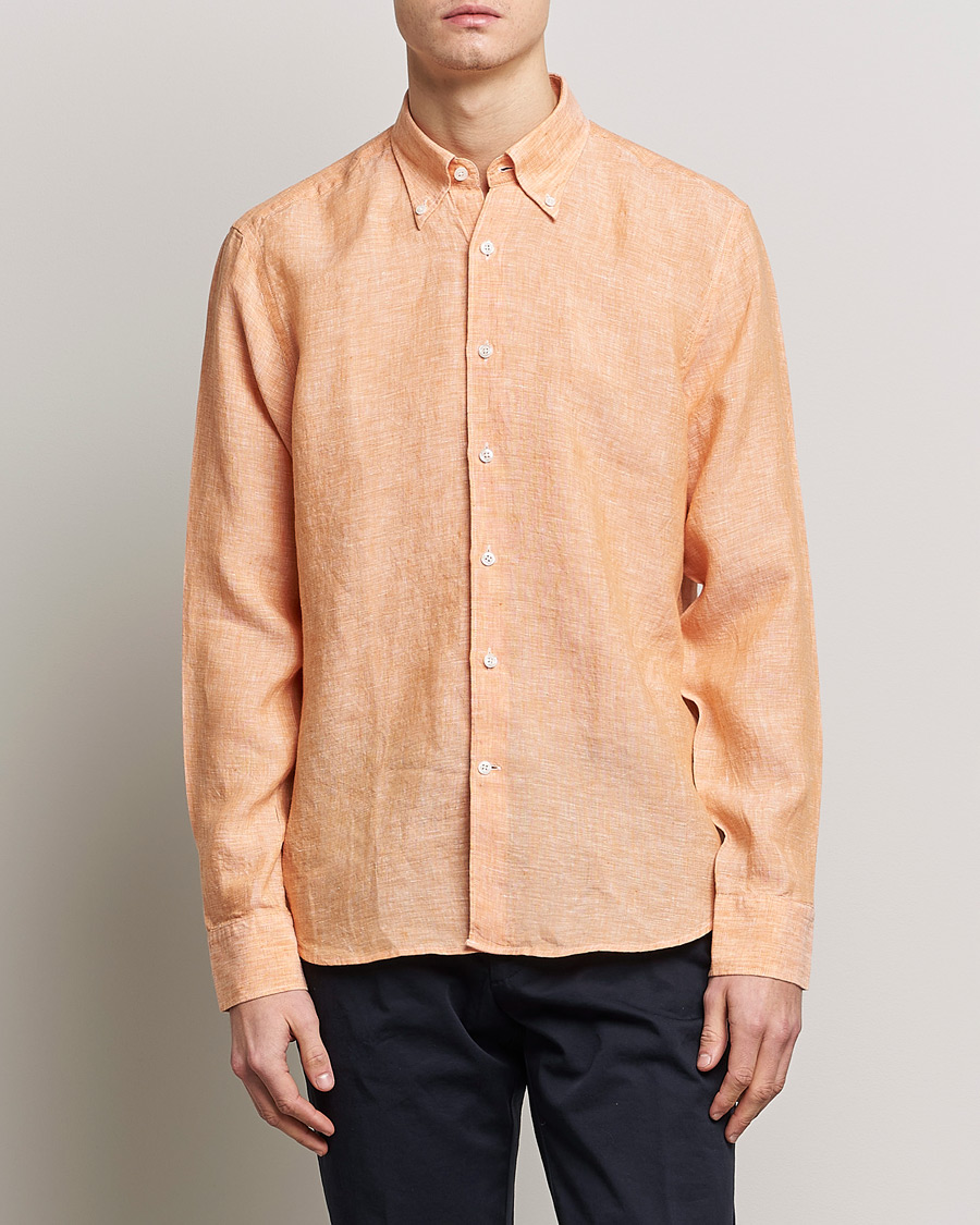 Men | Shirts | Oscar Jacobson | Regular Fit Button Down Linen Shirt Orange