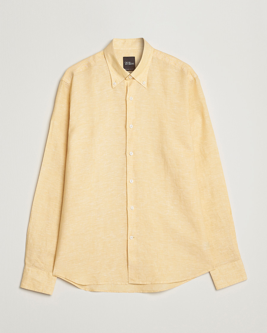 Men | Shirts | Oscar Jacobson | Regular Fit Button Down Linen Shirt Yellow