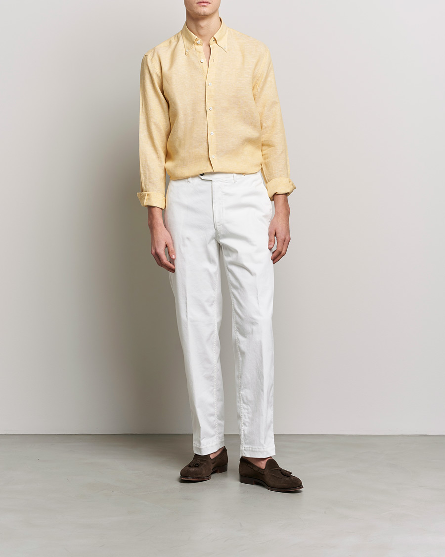 Men | Shirts | Oscar Jacobson | Regular Fit Button Down Linen Shirt Yellow