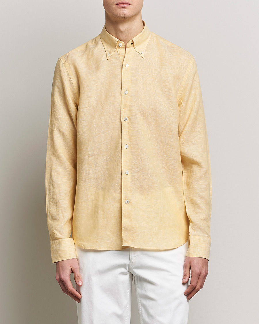 Men | Shirts | Oscar Jacobson | Regular Fit Button Down Linen Shirt Yellow