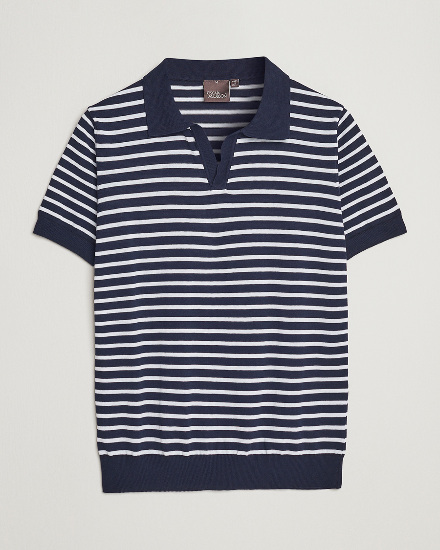 Men | Polo Shirts | Oscar Jacobson | Devon Short Sleeve Striped Cotton Polo White/Blue
